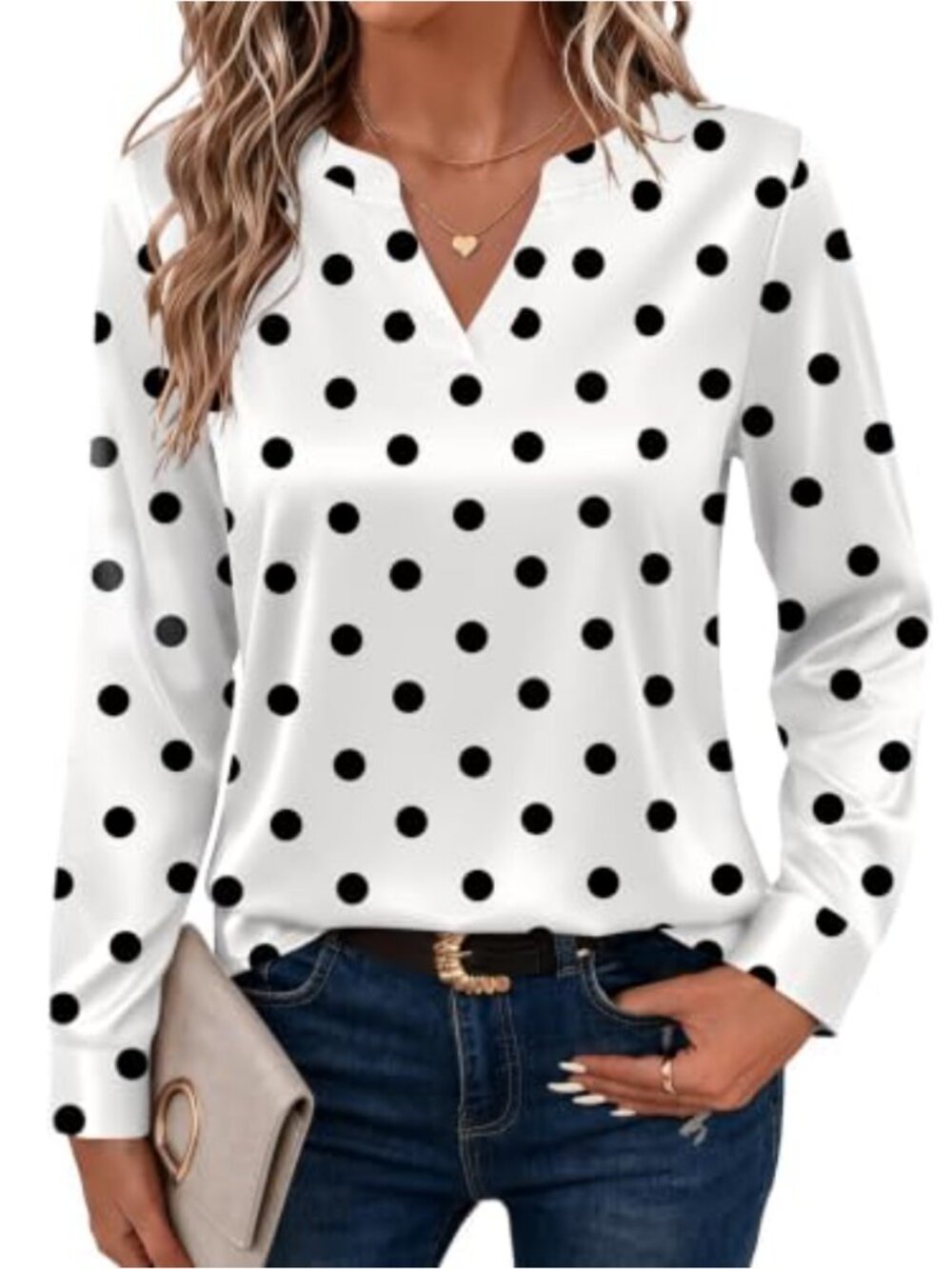 Satin V-Neck Long Sleeve Blouse Button Cuffs Office Casual Top